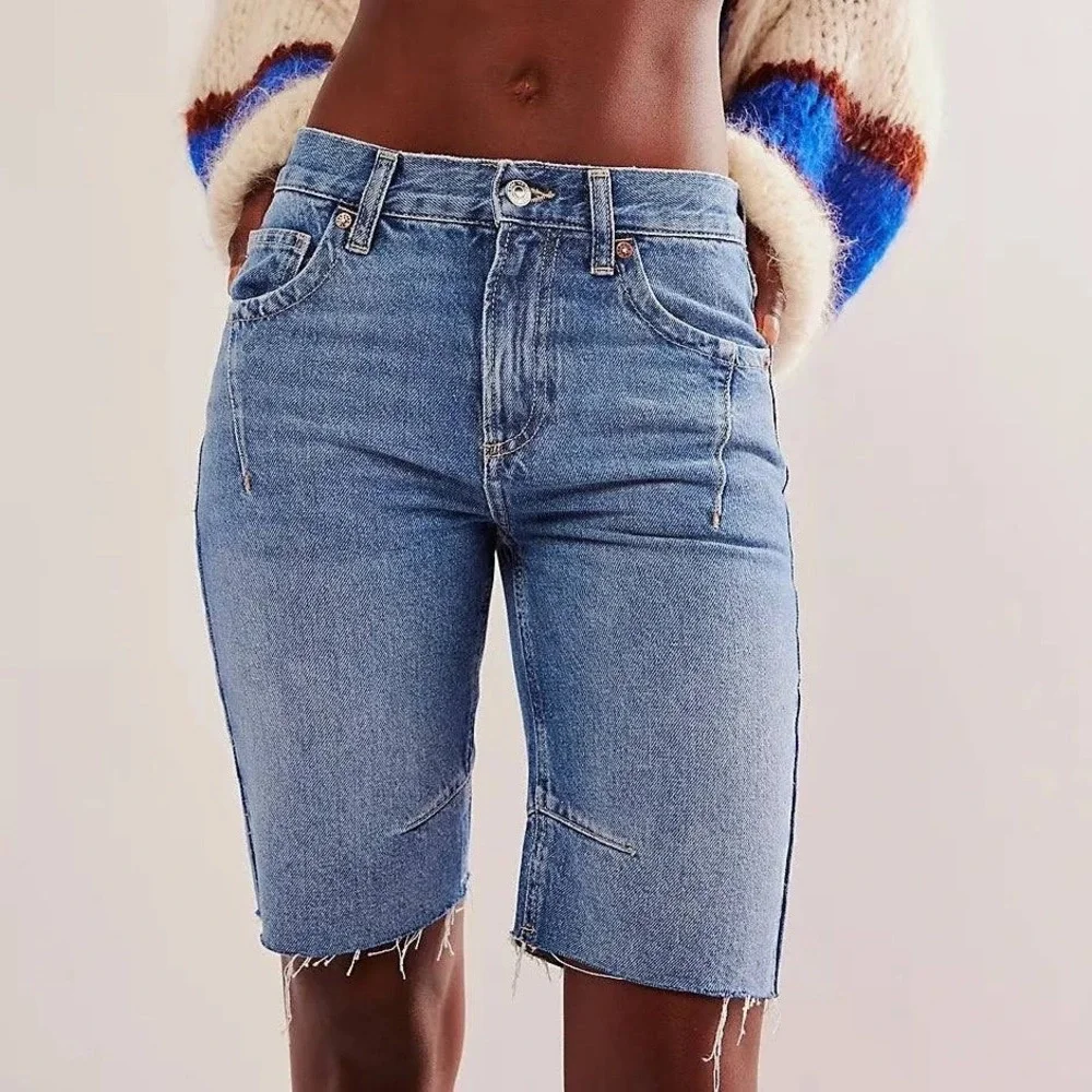 Free People We The Free Ghost Town High Rise Long Denim Shorts 31‎ Boho NWT